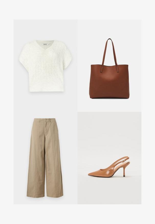Hvit kabelstrikket genser med V-hals, korte ermer, ribbestrikket kant og teksturert mønster. Laget av mykt, strikket materiale.; Beige vidde bukser laget av solid bomull, med knappeåpning, beltehemper og rene frontfolder uten synlige lommer.; Spiss tå slingback hæl i et glat, glinsende brunt materiale. Har et buet utskårent design og en slank stilett hæl. Sølvspenne detalj.; Brun lær tote veske med en jevn tekstur, åpen toppdesign og to skulderstropper. Har minimal søm og ingen synlige spiker.