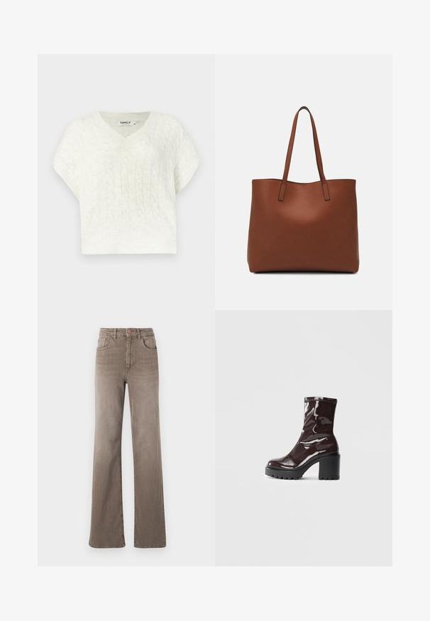 Bela pulover z kabelskim pletenjem, z V-izrezom, kratkimi rokavi, rebrastim robom in teksturiranim vzorcem. Narejen iz mehke, pletene tkanine.; Rjavi visoki naramnice z ravnimi hlačnicami in sprednjim gumbom, z zanko za pas in klasičnim petim žepnim dizajnom na beli podlagi.; Sijajan škrlatank z bleščečim videzom, z masivnim črnim peto, ki se ponaša z gladko teksturo in preprostim dizajnom. Brez vidnih zapenjal ali vzorcev.; Rjava usnjena torba z gladko teksturo, odprto zasnovo zgoraj in dvema naramnima trakovoma. Opremljena je z minimalnim šivanjem in brez vidnih kovinskih delov.