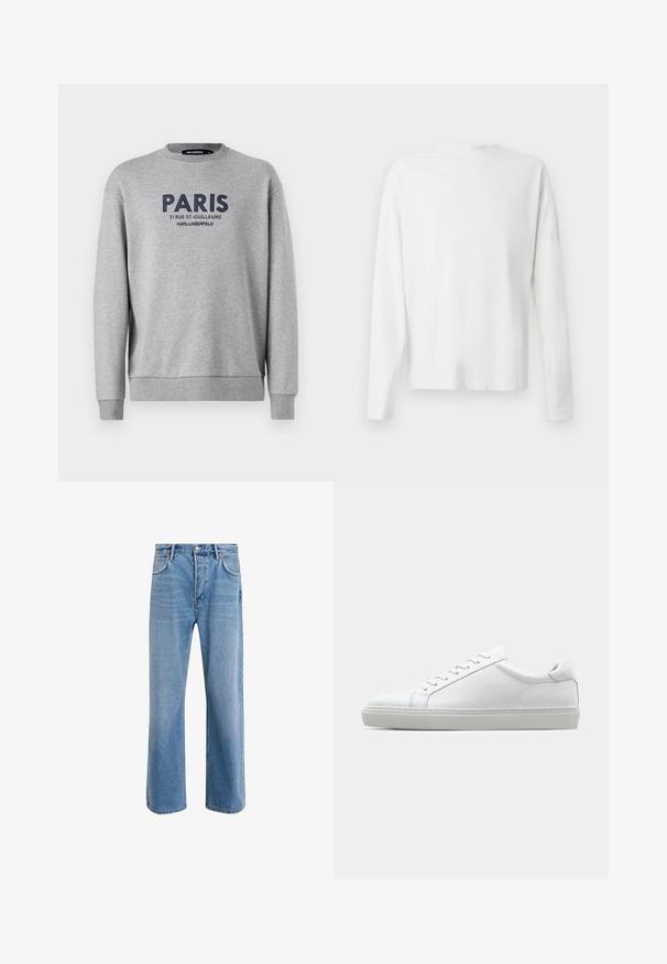 Sweatshirt cinza com gola redonda, apresentando o detalhe bordado em azul marinho "PARIS" e endereço. Tecido suave com punhos e bainha canelados.; Camisa de algodão branca de mangas longas com decote redondo, fendas laterais na parte inferior e uma textura suave, mostrada de trás.; Calças de ganga azul claro com um design de perna reta, cinco bolsos, fecho de botão, desgaste mínimo e detalhes de costura em contraste.; Sapatilha branca com um cabedal em couro liso e de perfil baixo. Apresenta um bico redondo, seis ilhoses e uma sola de borracha texturizada.