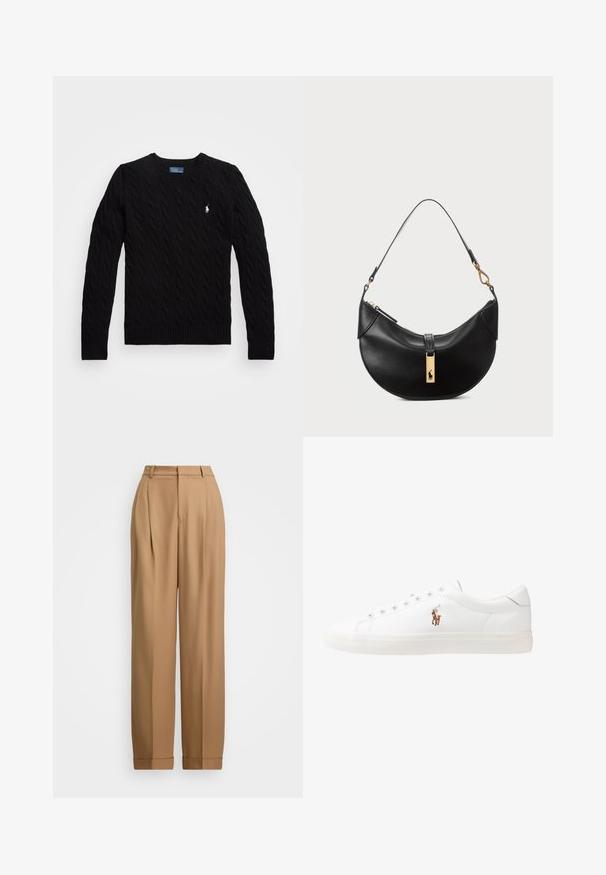 Melna kabelu adīta džemperis ar V veida kaklu, ribotām malām un garām piedurknēm; uz kreisās krūtis ir neliels balts logotips.; Beige pielēti bikses ar augstu jostasvietu, ar plisēm priekšā, pakāpeniski sašaurinātiem galiem un apsētiem uzmakiem. Gluda auduma struktūra ar izsmalcinātu tekstūru.; Baltas ādas sporta apavi, zema dizaina, ar gludu tekstūru, noapaļotu purngalu, ar auklēm priekšpusē un nelielu izšūtu logotipu sānos.; Melnas ādas rokas soma pusmēness formas. Iezīmē zelta metāla akcentus un šauru siksniņu. Gluda tekstūra, rāvējslēdzēja aizdare augšpusē.