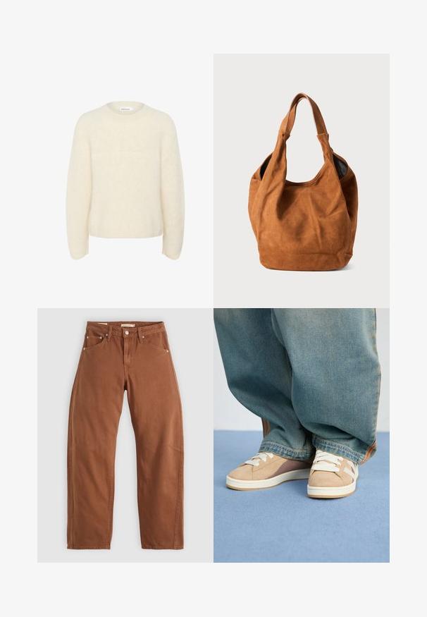 Ivory krāsu, pārāk liels džemperis, izgatavots no mīksta, teksturēta auduma. Tam ir apaļa kakla izgriezums un garas piedurknes ar brīvu piegriezumu. Nav redzamu rakstu.; Rūsu brūnas taisnas kājas džinsi ar priekšējām un aizmugurējām kabatām, metāla kniedēm, pogu aizdari un jostas cilpām, izlikti uz balta fona.; Bežīgas sporta apavus, kas izgatavoti no zamšādas un auduma, ar baltām auklām, gaiši brūnām detaļām un teksturētu zoli. Nēsāti ar brīvām zilām džinsu biksēm.; Brūna zamša plecu soma ar maigu tekstūru, izliekta forma un divi rokturi. Iezīmē minimālistisku dizainu bez redzamām detaļām vai akcentiem.