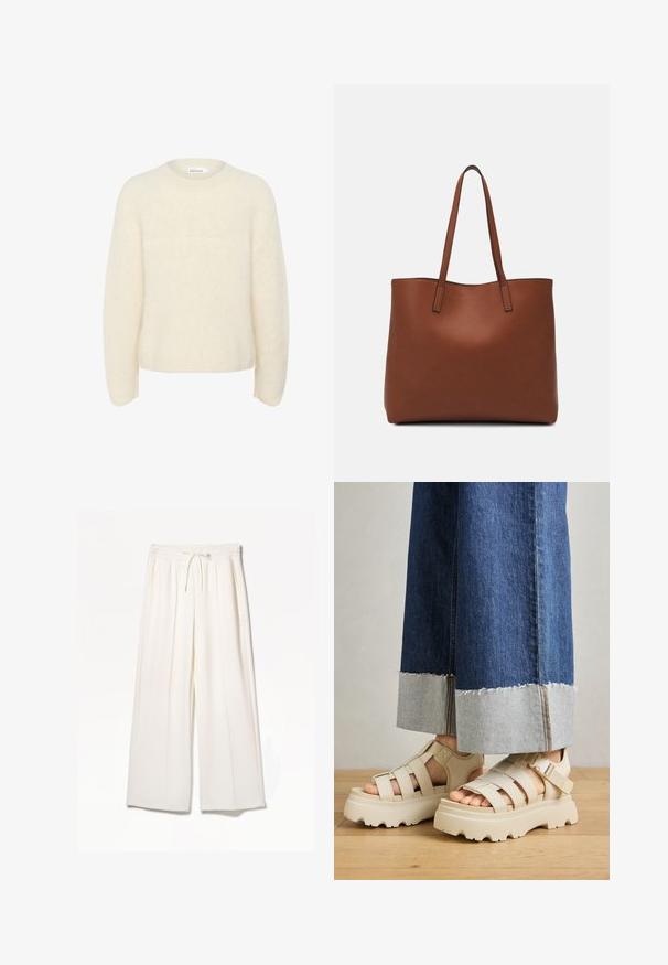 Több méretben elérhető, puha, texturált anyagból készült elefántcsont színű pulóver. Kerek nyakkivágással és hosszú ujjakkal rendelkezik, lazán illeszkedik. Nincsenek látható minták.; Fehér, széles szárú nadrág, könnyű anyagból készült, gumis derékkal, húzózsinórral és oldalsó zsebekkel, látható minták nélkül.; Beige platform szandál vastag talppal, pántos kialakítással és állítható bokapánttal. Széles szárú farmernadrággal viselve, az egyik szár vége rojtos.; Barna bőr vászontáska sima textúrával, nyitott tetejű dizájnnal és két vállpánttal. Minimális varrással és látható hardver nélkül készült.