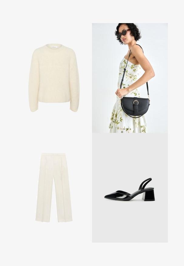 Pulover oversized de culoare fildeș cu țesătură moale și texturată. Are un guler rotund și mâneci lungi, având o croială lejeră. Fără modele vizibile.; Pantaloni cu picioare largi, de culoare crem deschis. Realizați dintr-un material neted, cu plisuri în față și buzunare laterale.; Pantofi cu toc slingback din piele lacuită neagră, cu vârf ascuțit și toc geometric. Prezintă un design elegant, minimalist și o textură netedă.; Geantă din piele neagră, cu o formă curbată, curea detașabilă și accesorii aurii. Geanta are un capac cu un detaliu tip cataramă.
