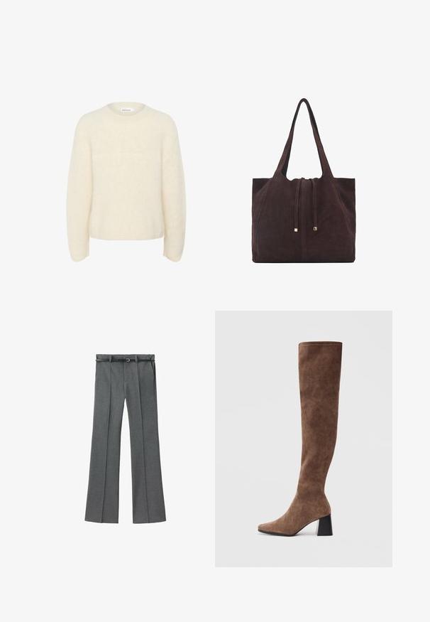 Ivory, oversized sweater made from soft, textured fabric. Features a round neck and long sleeves with a relaxed fit. No visible patterns.; Gray tailored trousers with a straight leg design, lightweight fabric, belt loops, and a narrow belt featuring a silver buckle.; Brown over-the-knee boots made of soft suede with a pointed toe and a chunky black heel. The design features seamless stitching for a sleek look.; Mango Tote bag - dark brown