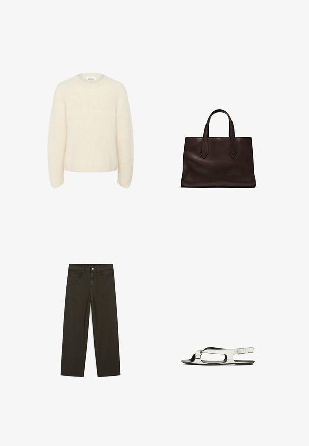 Elfenbeinfarbener, übergroßer Pullover aus weichem, strukturiertem Stoff. Mit Rundhalsausschnitt und langen Ärmeln in lockerer Passform. Keine sichtbaren Muster.; Dunkelgrüne Jeans im weit geschnittenen Style, hergestellt aus einem Baumwollgemisch. Sie verfügen über einen Frontknopfverschluss, fünf Taschen und klassische Denim-Nähte.; Weiße Leder-Sandale mit flacher Sohle, offenem Zehendesign und seitlichem Schnallenriemen. Verfügt über ausgeschnittene Details entlang der Seiten.; Braune Ledertasche mit zwei langen Griffen, strukturierte rechteckige Form, glatte Textur und dezente Nähdetails.