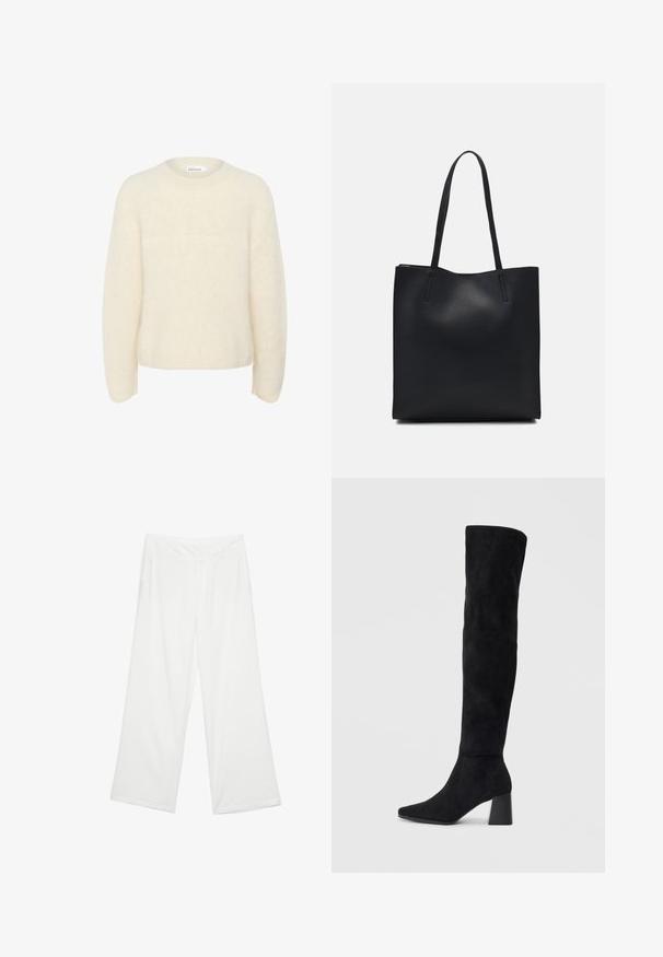 Krémový, oversized svetr vyrobený z měkké, texturované látky. Má kulatý výstřih a dlouhé rukávy s volným střihem. Bez viditelných vzorů.; Kalhoty s širokými nohavicemi z bílé látky, s hladkým povrchem, předními kapsami a klasickým pasem s poutky na opasek.; Černé semišové vysoké boty s blokovým podpatkem, špičatou špičkou a hladkým, bezšvovým designem na jednoduchém světlém pozadí.; Černá kožená taška přes rameno s hladkým povrchem, obdélníkovým tvarem a dvěma dlouhými uchy. Žádné viditelné kování ani ozdoby.