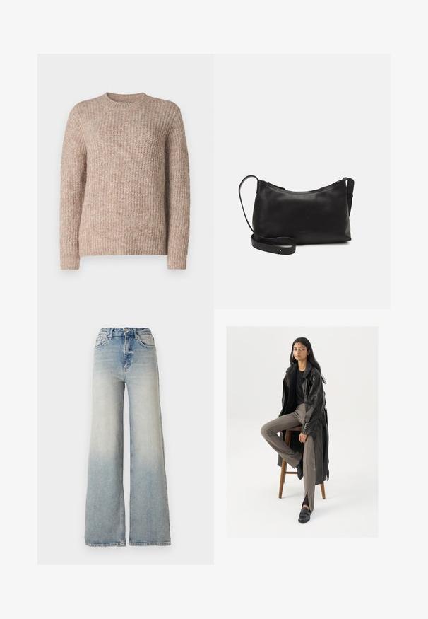 Beige kudumi, millel on tekstureeritud, soonikkoes disain, ümmargune kaelus ja pikad varrukad. Kangas tundub pehme ja mugav.; Heledad sinine laia säärega teksapüksid, mis on valmistatud denimist, kõrge vöökoht, viis taskut ja nähtav õmblemine õmbluste ääres.; Must musta trench-jakk mustriga nuppudega ja vöödetailiga, koos heledatest pruunidest sobivaist pükstest ja mustadest loafers'itest, istudes puidust toolil.; Mustmust nahk õlakotil on sile tekstuur, kumer kuju, reguleeritav rihm ja lukuga sulgemine. Minimalistlik disain ilma kaunistusteta.