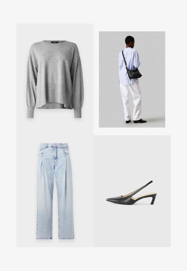 Pulover gri cu textură canelată la tiv și la mâneci, prezentând o croială lejeră și un design căzut, cu detalii cu nasturi pe laterale.; Jeans din denim albastru deschis cu talie înaltă, croială evazată, două buzunare laterale și un design pliat. Textură moale cu un finisaj decolorat.; Pantof cu toc mic, cu vârf ascuțit și slingback, realizat din piele netedă, având un design decupat pe lateral pentru respirabilitate.; Geantă de umăr din piele neagră cu o textură moale, formă triunghiulară și curea ajustabilă, asortată cu o bluză cu dungi albastre deschise și pantaloni albi.