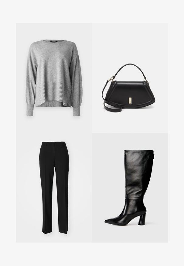 Szary sweter z ryflowanym wykończeniem u dołu i na rękawach, o luźnym kroju i swobodnym designie, z detalami w postaci guzików po bokach.; Czarne spodnie o dopasowanym kroju z prostymi nogawkami, o gładkiej fakturze i wyraźnych zagięciach z przodu. Bez widocznych elementów metalowych.; Czarny skórzany but do kolan z ostro zakończonym noskiem, gładką fakturą i grubym obcasem. Posiada zamek z tyłu.; Czarna skórzana torebka o strukturalnym designie, z przyciętą formą, górnym uchwytem i złotymi akcentami. W zestawie regulowany pasek na ramię.