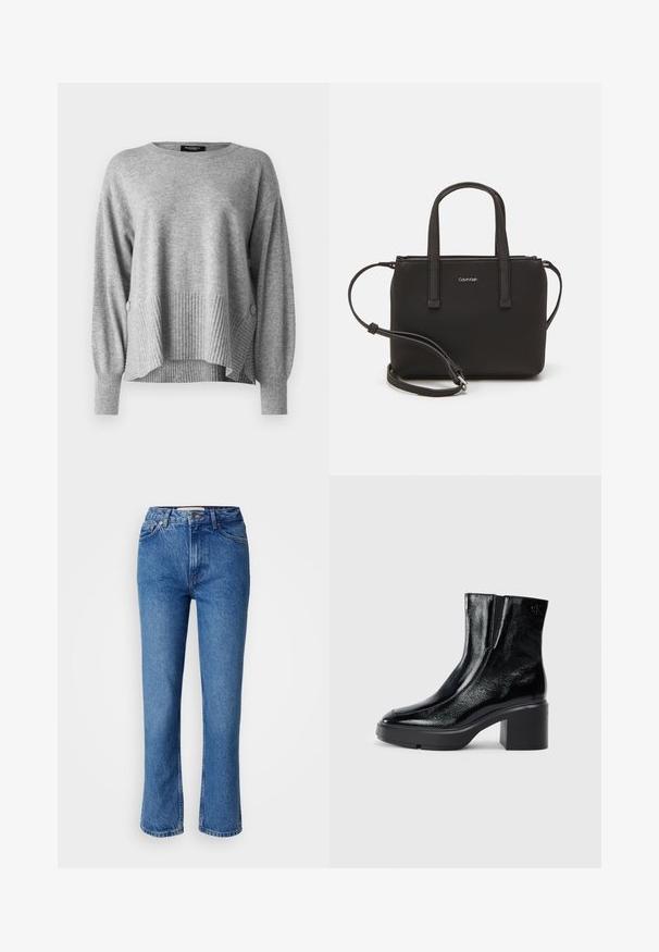 Gray sweater with ribbed texture at the hem and sleeves, featuring a relaxed fit and slouchy design, with button details on the sides.; Blue denim jeans with a straight-leg cut, featuring a classic five-pocket design, orange stitching, and a button fly closure.; Black patent leather ankle boots with a curved toe, elastic side panels, and a chunky block heel. Features embossed logo on the back.; Black handbag with dual short handles and a removable shoulder strap. Smooth leather-like material with a zip closure and logo detail.