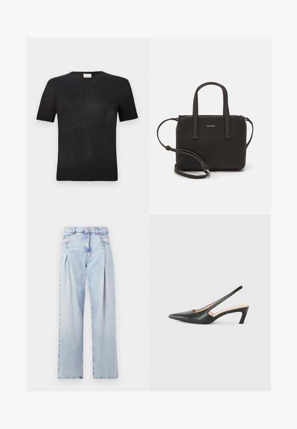 Schwarzes, kurzärmliges T-Shirt aus leichtem, strukturiertem Stoff. Rundhalsausschnitt mit einem dezenten gerippten Saum an den Ärmeln und am unteren Saum.; Helle blaue Denim-Jeans mit hoher Taille, weitem Beinschnitt, zwei seitlichen Taschen und gefaltetem Design. Weiche Textur mit einem ausgebleichten Finish.; Schwarzer spitz zulaufender Slingback-Schuh mit niedrigem Absatz, der aus glattem Leder gefertigt ist und seitliche Ausschnitte für Atmungsaktivität aufweist.; Schwarze Handtasche mit zwei kurzen, doppelt geflochtenen Griffen und einem abnehmbaren Schulterriemen. Glattes, lederähnliches Material mit einem Reißverschluss und Logodetail.
