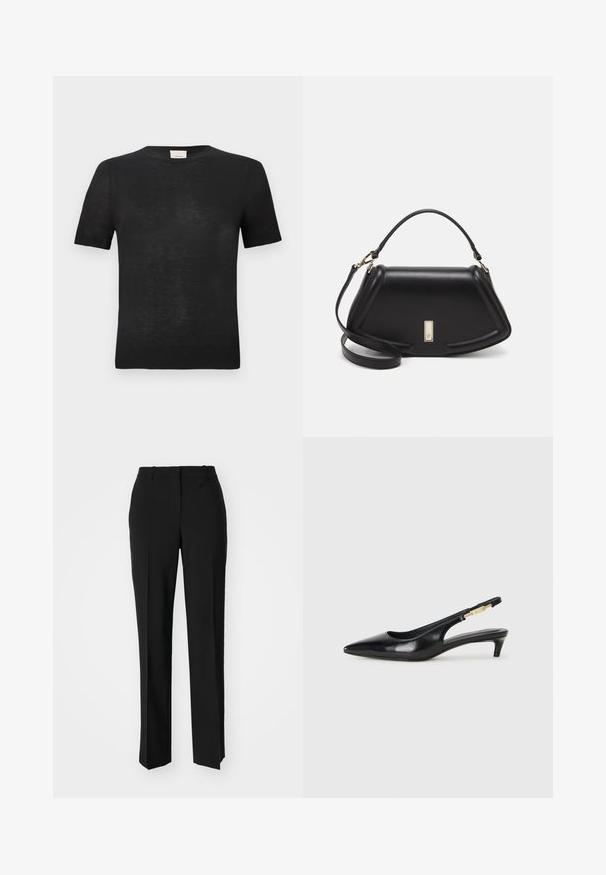 Svart t-shirt med kort ärm gjord av lätt, texturerad tyg. Rund hals med en subtil ribbad kant vid ärmarna och nertill.; Svarta skräddarsydda byxor med rak benform, med en slät yta och skarpa veck fram. Ingen synlig hårdvara.; Svart läder slingback-hälar med spetsig tå, med en smal klack och en guldtonad detalj på den justerbara remmen. Slät textur.; Svart läderhandväska med en strukturerad design, som har en avskuren form, ett handtag upptill och guldiga detaljer. Justerbar axelrem ingår.