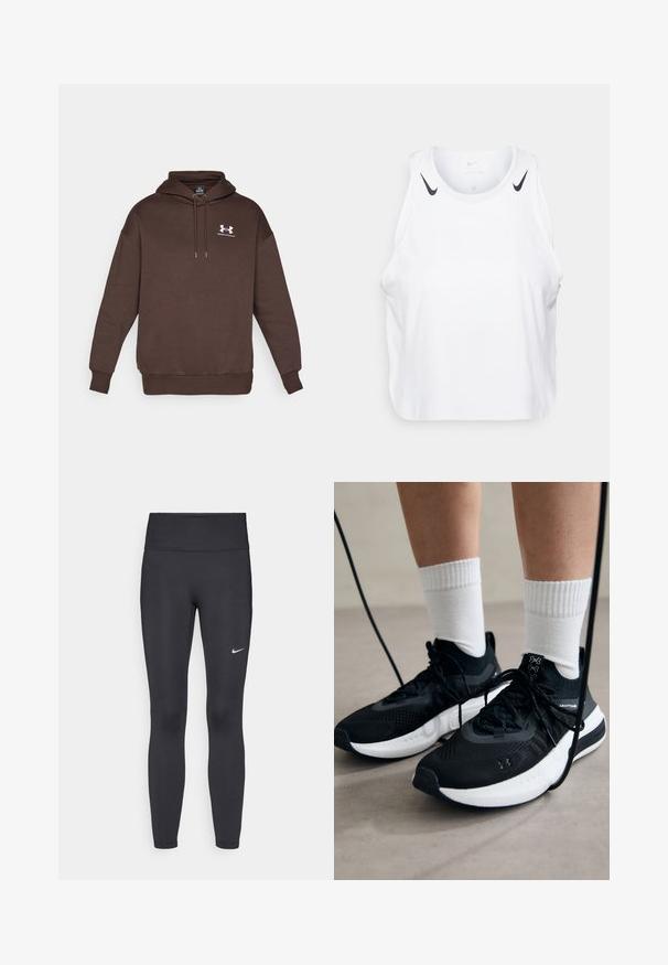 Barna kapucnis pulcsi, puha anyagból készült, amely állítható kapucnival, bordázott mandzsettákkal és aljjal, valamint egy kis fehér Under Armour logóval rendelkezik a mellkason.; Fehér ujjatlan trikó, könnyű anyagból készült, fekete Nike logóval a vállaknál, kerek nyakkivágással és laza fazonnal.; Fekete leggings elasztikus anyagból, magas derékkal és fehér Nike logóval a bal combon. Simább textúra, testhez álló kialakítás.; Fekete sportcipők textúrált anyagból, fehér talppal és fekete fűzőkkel. Fehér bordázott zoknikkal viselve, világos felületen állva.