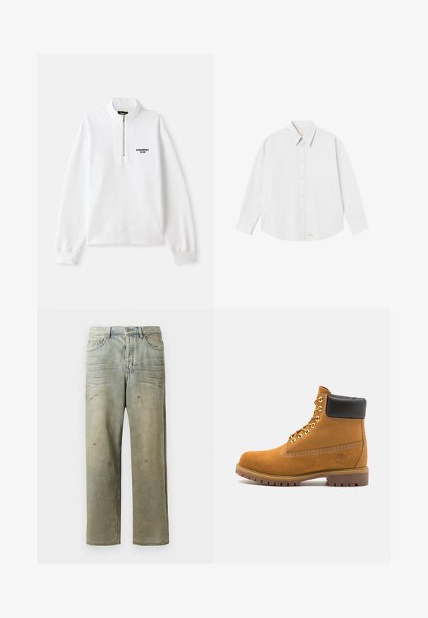 Sweatshirt zippé blanc avec un col haut, arborant un logo noir sur le devant. Tissu doux, coupe décontractée, poignets et ourlet côtelés.; Chemise blanche à boutons avec un col classique, des manches longues et un ourlet arrondi ; présente un petit logo orange en bas à gauche.; Jeans en denim déchiré de couleur vert clair, avec une coupe droite, un design à cinq poches et un délavage inégal agrémenté de taches de peinture.; Bottine en daim beige avec un col rembourré noir, œillets en métal doré, détails de surpiqûres blanches et semelle en caoutchouc robuste avec des crampons prononcés.