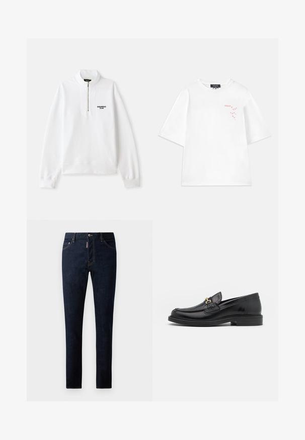 Weißer Reißverschluss-Pullover mit hohem Kragen, mit einem schwarzen Logo auf der Vorderseite. Weicher Stoff, lockere Passform, gerippte Bündchen und Saum.; Dsquared2 LOOSE FIT TEE - T-Shirt print - white; Dunkelblaue Jeans im Slim-Fit-Stil, mit kontrastierenden Nähten, Knopfverschluss und einem Fünf-Taschen-Design. Glatte Textur und strapazierfähiger Stoff.; Schwarze Lederleter mit einer abgerundeten Zehenpartie, ausgestattet mit goldenen Hardwareakzenten und Stichdetails, auf einer niedrigen, strukturierten Gummisohle.