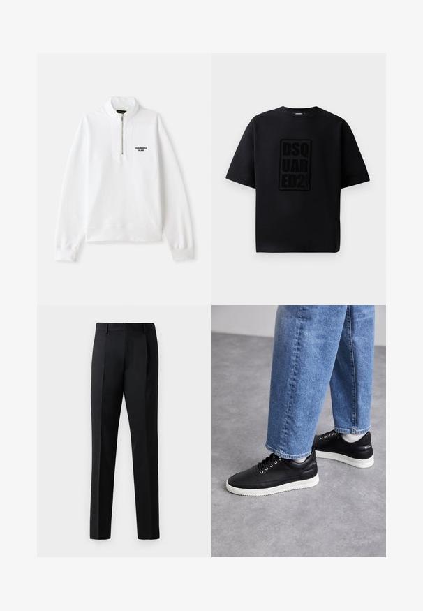 Witte zip-up sweatshirt met hoge kraag, featuring een voorlogo in het zwart. Zacht materiaal, ontspannen pasvorm, geribbelde boorden en onderrand.; Dsquared2 LOOSE FIT CREW NECK - T-shirt print - black; Zwarte formele broeken van een gladde stof, met een recht model, plooien aan de voorkant en een standaard tailleband zonder versieringen.; Zwarte leren sneakers met witte rubberen zolen, voorzien van ronde veters, een glad oppervlak en subtiele branding op de hak. Draagt met blauwe jeans.