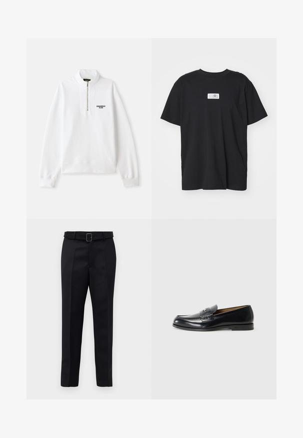 Fehér, magas galléros zipzáras pulóver, fekete elülső logóval. Puha anyag, laza szabás, bordás mandzsetta és hem.; Fekete pamut póló kerek nyakkal, rövid ujjal, és egy téglalap alakú fehér címkével, amely számokat és grafikai tervezést tartalmaz.; A fekete, szabott nadrág sima anyagból készült, egyenes szabású, és övvel rendelkezik, amelynek téglalap alakú csatja van. A figyelemre méltó elülső redők fokozzák a dizájnt.; Fekete bőr loaferek sima felülettel, kerek orral, díszítő varrással és kis fém akcentussal az elején.
