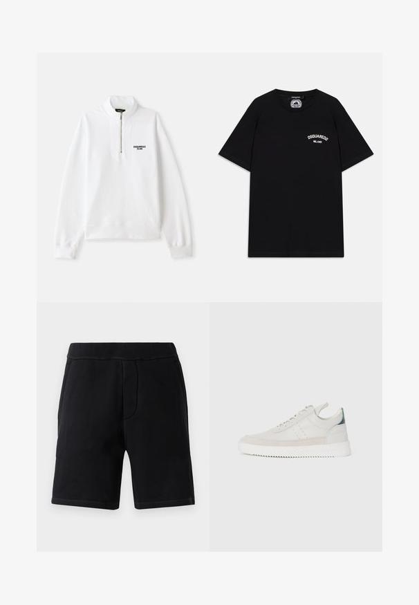 Valge tõmblukuga dressipluus kõrge kaelusega, millel on ees must logo. Pehme kangas, lõdva lõikega, ribatud mansetid ja alläär.; Mustad puuvillane T-särk lühikeste varrukatega, millel on rinnal valge "DSQUARED2 MILANO" logo. Ümara kaela kujundus, sile tekstuur.; Mustad mustrid sportlikud lühikesed püksid, valmistatud pehmest materjalist; omaduseks on elastne vöökoht, kaks küljetaskut ja kontrastne õmblus.; Valged nahkstennised hallide seemisnahast detailidega, paeltega sulgemine, tõmmetab, ning reljeefne kummisoont, millel on siksakmuster.
