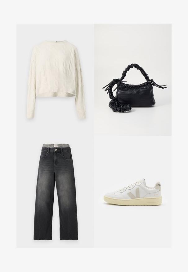 Kreminės spalvos megztinis su kabelių raštu, apvalia iškirpte, trumpesniu hemu ir raukšlėtomis manžetėmis. Medžiaga turi tekstūruotą raštą visame paviršiuje.; Juodi džinsai su plačiomis kojomis ir houndstooth rašto juosmeniu. Pirmuose kišenėse ir su mygtuko uždarymu. Dėvėtas tekstūras.; Balti odiniai sportbačiai su kreminiais zomšos akcentais, perforuota pirštų dalimi, plokščiomis raišteliais ir struktūruota kreminėmis padomis. Ant kulno yra subtilus ženklinimas.; Juodas dirbtinės odos rankinė su krokodilo tekstūra, sušnibždinta viršuje ir susikraipytu dirželiu. Atrodo minkšta ir kompaktiška.