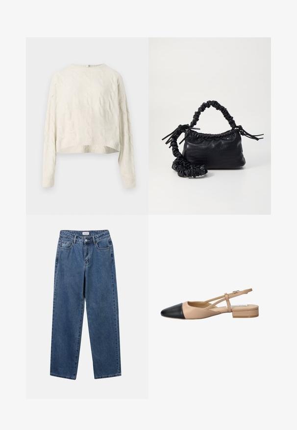 Krémový svetr s pleteným vzorem, s kulatým výstřihem, zkráceným lemem a ribovanými manžetami. Má strukturovaný vzor po celém materiálu.; Klasické modré džíny z denimu se střihy rovné nohy, pěti kapsami a zapínáním na knoflík. Mají střední odstín a odolnou texturu.; Beige a černé dvoubarevné slingback boty s špičatou špičkou, plochým podpatkem a křížovými popruhy. Hladká kožená textura.; Černá kabelka z umělé kůže s krokodýlím vzorem, staženým vrškem a zmačkaným popruhem. Zdá se, že má měkký a kompaktní design.