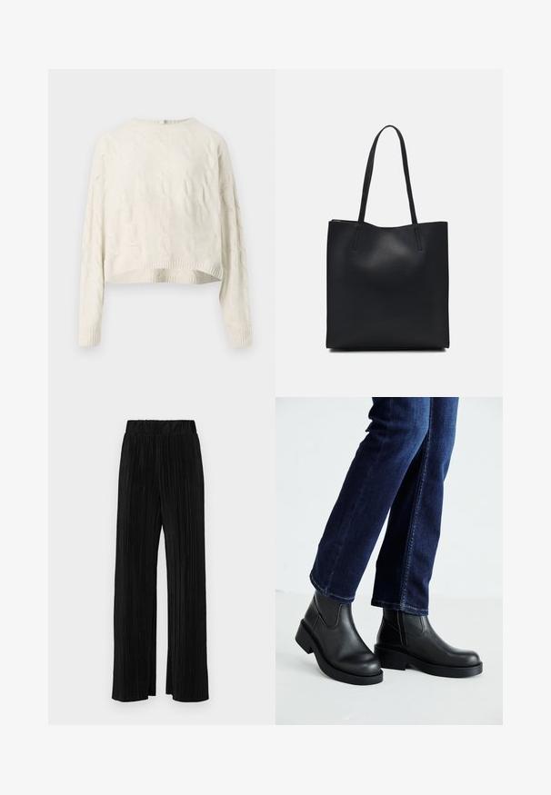 Suedete de malha cream em cabos com decote redondo, bainha curta e punhos canelados. Apresenta um padrão texturizado em todo o tecido.; Calças pregueadas pretas com uma cintura elástica. Apresentam pernas largas e um tecido liso, texturizado com riscas verticais.; Botas de tornozelo de couro preto com sola grossa e painéis elásticos laterais, combinadas com jeans azul escuro. O chão é de cor clara.; Bolsa tote preta em couro com textura lisa, forma retangular e duas alças longas. Sem hardware ou enfeites visíveis.