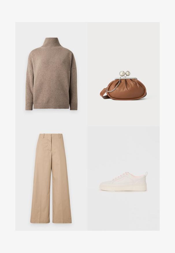 Brown knitted turtleneck sweater with long sleeves and ribbed cuffs and hem, displayed on a white background.; Beige wide-leg trousers with a smooth cotton fabric, featuring a tailored waist and flat front, designed for a relaxed fit and clean lines.; White leather sneaker with pink accents, featuring a textured side panel, round toe, flat rubber sole, and decorative perforations.; Brown leather clutch purse with silver ball clasp and a small silver chain detail on a white background.