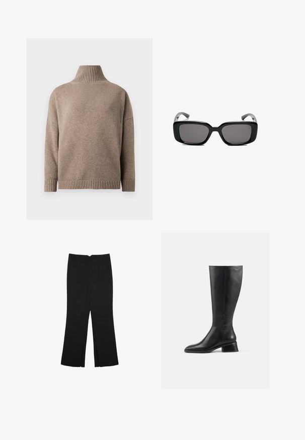 Maglione marrone a collo alto lavorato a maglia con maniche lunghe e polsini e orlo a coste, mostrato su sfondo bianco.; Pantaloni neri a gamba dritta, con tasche frontali e spacchi laterali all'orlo. Realizzati in tessuto morbido e liscio. Adatti a diverse occasioni.; Stivale in pelle nera all'altezza del ginocchio con punta rotonda e tacco basso a blocco. Caratterizzato da una superficie liscia e dettagli di cucitura minimali.; Occhiali da sole neri rettangolari con lenti scure, montatura in plastica liscia e tempie curve. Il design è voluminoso con un'estetica minimalista.; Borsa a tracolla in suede marrone con doppio manico, chiusura a bottone e una forma rilassata, leggermente morbida.
