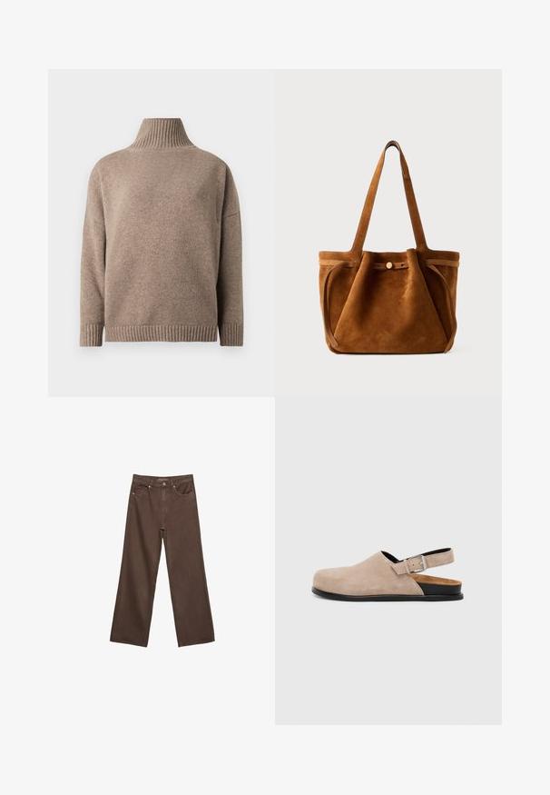 Brun strikket rullekrave-trøje med lange ærmer og ribstrikkede manchetter og kant, vist på hvid baggrund.; Bredde ben brun denim jeans med høj talje, forlommer og klassisk knaplukning. Glat tekstur med diskret syninger.; Beige ruskindsklipklapper med en rund tå, åben hæl, justerbar metallic spænde og en flad sort sål.; Brun suede tote taske med dobbelthåndtag, en lukning med knap og en afslappet, let slaskete form.