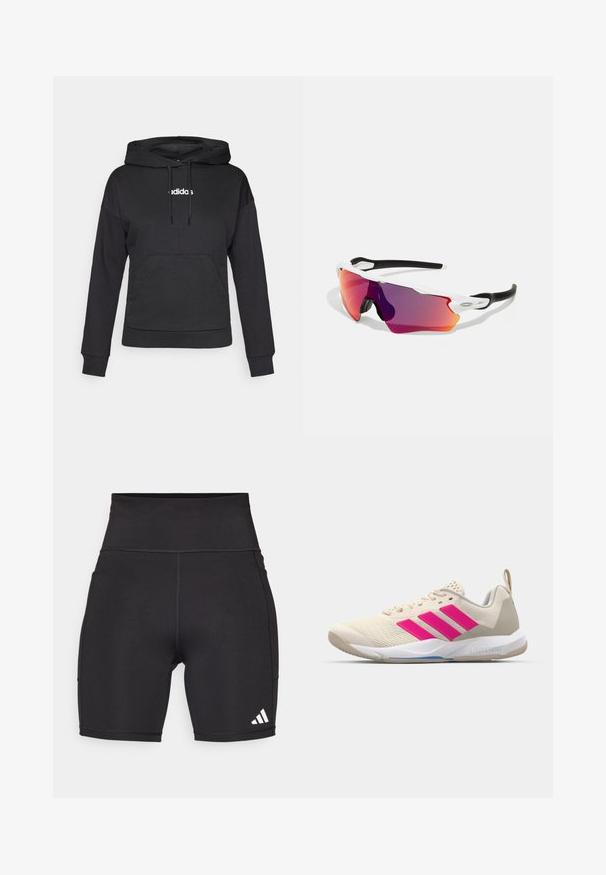 Musta huppari, jossa on kenguru-tasku, nyörit ja valkoinen "adidas"-logo edessä. Pehmeä kangas, rento malli, pitkät hihat.; Mustat urheilushortsit, jotka on valmistettu joustavasta kankaasta. Korkea vyötärö, puolivälin reisi, ja alhaalla vasemmalla puolella on valkoinen kolmonauhalogo.; Beige urheilujalkine, jossa on vaaleanpunainen kolmonen-striippi-logo, teksturoitu verkko-yläosa, pehmustettu kaulus ja valkoinen kumipohja, jossa on "LIGHTSTRIKE" -brändäys.; Urheilulasit, joissa on valkoinen runko, mustat yksityiskohdat ja suuri visoerati, joka vaihtelee purppurasta oranssiin. Ominaisuuksina on sulava, aerodynaaminen muotoilu.