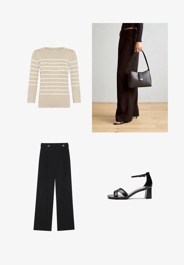 Pull en tricot beige avec des rayures blanches horizontales, encolure ronde et manches trois-quarts. Texture douce et design à coupe droite.; Pantalons larges noirs à taille haute, avec des détails de boutons à la taille et des plis sur le devant.; Sandale à talon ouvert noire avec des brides croisées, une sangle de cheville ajustable et un talon épais, dotée d'une texture en cuir lisse.; Sac à main noir à la forme structurée, texture lisse et fermoir métallique. Associé à un pantalon noir ample et des sandales ouvertes sur un sol en bois.