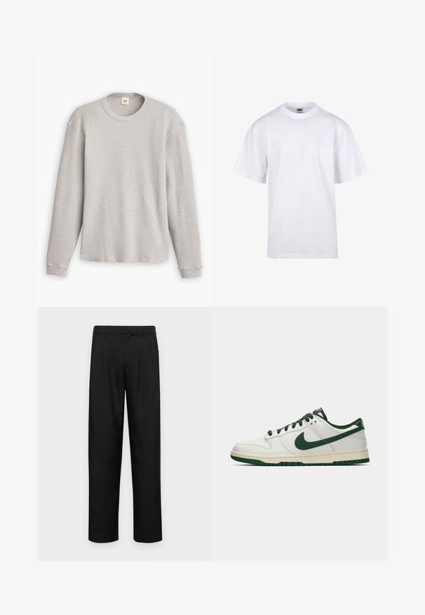 Sivi džemper dugih rukava pleten s rebrastim uzorkom, okruglog izreza i ravnog ruba. Rukavi su uski, napravljeni od mekanog materijala.; Bijela pamučna majica s okruglim izrezom, kratkim rukavima i opuštenim krojem. Ima jednostavan dizajn bez uzoraka ili akcenta.; Crne hlače od glatkog materijala, s dizajnom ravnih nogavica, dva prednja nabora i standardnim pojasom s petljama za remen.; Bjele tenisice niskog profila s tamnozelenim Nike swooshom, vezicama i naglascima na đonu, prikazane u profilu na jednostavnoj bijeloj pozadini.