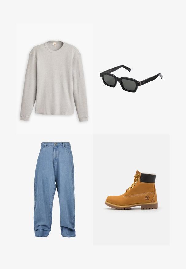 Hallitatud hall pikkade varrukatega kudum, millel on soonikkoes pind, ümmargune kaelus ja sirge ääre. Varrukate servad on sobivad, valmistatud pehmest kangast.; Heledad sinine teksapüks, millel on vabalt langev lõige, nupuga sulgemine, esipocketid ja mansett, klassikalise viie taskuga disain.; Pruun nahast pahkluu saabas metallist silmadega, valge karvane vooder, must pehmendatud krae, robustne tallal ja küljes reljeefne logo.; Mustad, nelkjalgsed prillid hallide objektiividega. Pakseplastist raamid on kuldsete aktsentidega ja kaubamärgiga templis. Sile pind.