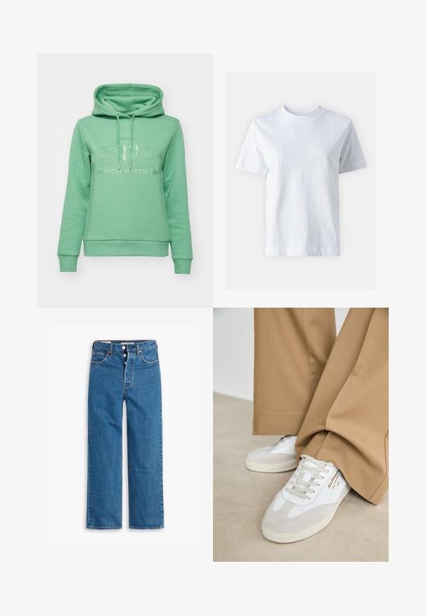 GANT TONAL SHIELD HOODIE - Sweatshirt com capuz - seacrest green; Camisa de algodão branca com decote redondo, mangas curtas, corte reto e textura suave. Sem padrões ou adornos.; Jeans de ganga azul straight-leg com uma cintura alta, design de cinco bolsos e fecho de botão. Costura visível e rebites em tom cobre.; Tênis brancos com detalhes em camurça, atacadores texturizados e sola de borracha. Combinados com calças largas cor bege. Logótipo exibido na lateral.