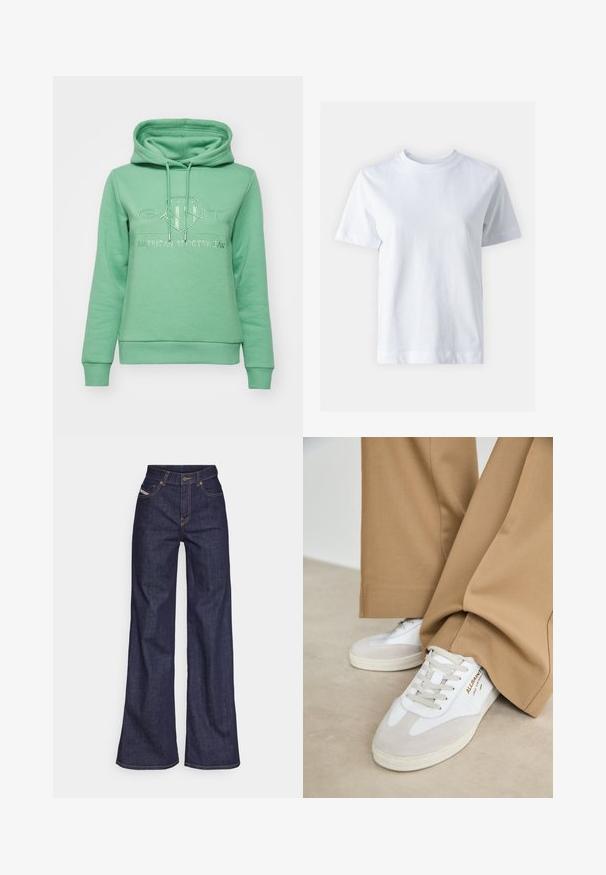 GANT TONAL SHIELD HOODIE - Hanorac - seacrest green; Tricou alb din bumbac, cu guler rotund, mâneci scurte, croială dreaptă și textură netedă. Fără modele sau embellishments.; Blugi taille mare, de culoare albastru închis, din material denim, cu croială largă, cu cusături portocalii, design cu cinci buzunare și închidere cu nasture.; Adidași albi cu accente din piele de căprioară, șireturi texturate și o talpă din cauciuc. Purtați cu pantaloni largi de culoare bej. Logo-ul este afișat pe lateral.