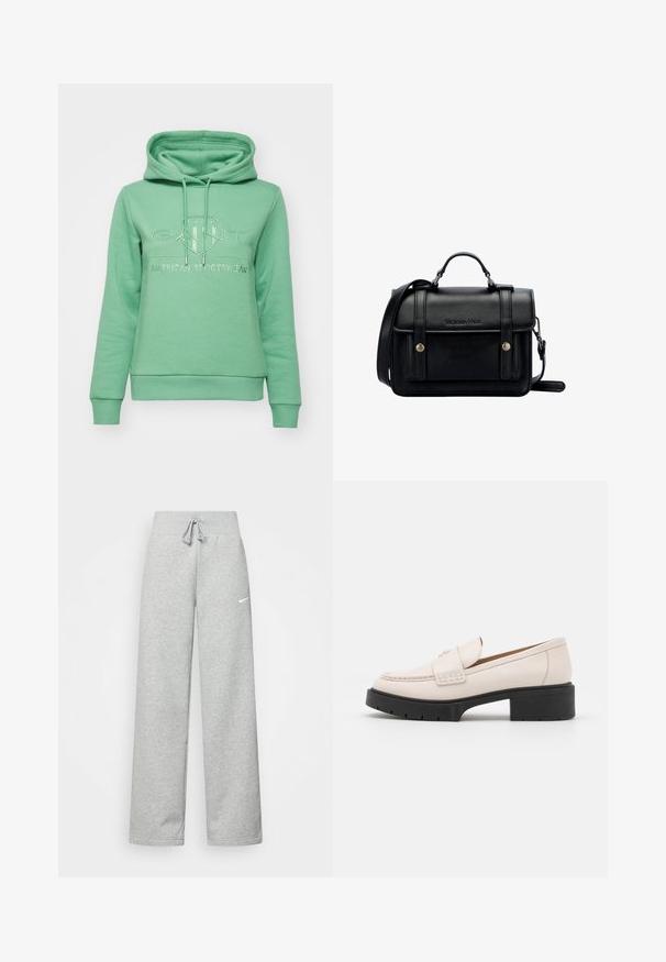 GANT SHIELD zielony; Szare dresy z elastycznym pasem, szczegóły ze sznurkiem i małym białym logo Nike na lewej udzie. Miękka tkanina, luźny krój.; Jasno beżowe skórzane mokasyny z haftowanym przodem i teksturowanym czarnym obcasem. Charakteryzują się zaokrąglonym kształtem i lekkim podniesieniem.; Czarna skórzana torebka na ramię o wyraźnej strukturze, z górnym uchwytem, regulowanym paskiem, przednią klapą i metalowymi akcentami. Posiada logo na przodzie.