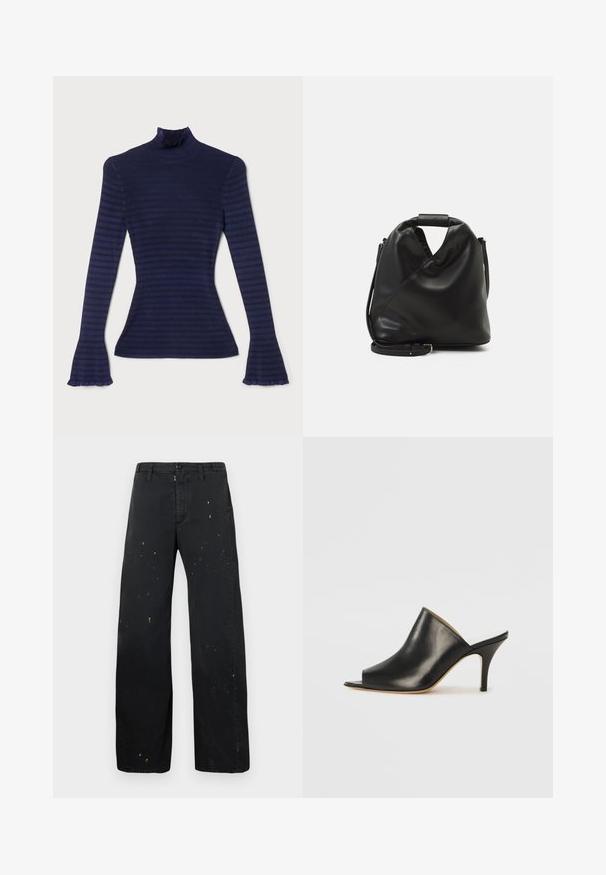 Kék csíkos, garbós felső bordázott anyagból. Hosszú ujjakkal rendelkezik, amelyek fodros, bővülő mandzsettával zárulnak, és magas nyakú kialakítású.; MM6 Maison Margiela PANTS - Laza szabású farmerek - black; Fekete bőr, nyitott orrú mules cipő, elegáns, ívelt kialakítással, magas stiletto sarokkal és sima textúrával. A belső tér világos színű, kontrasztos.; Fekete, puha bőr táska egyedi csavaros dizájnnal. Rövid fogantyúval és levehető vállpánttal rendelkezik. Minimalista stílusú.