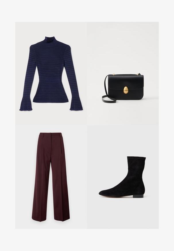 Tumestriibuline kõrge kaelusega tipp, mis on valmistatud ribalisest kangast. Omab pikki varrukaid, millel on laienevad, volangidega mansetid ja kõrge kaelus.; Laiade püksid tumepunasest värvist, sileda kangapinnaga. Omavad kärbitud taljet, ees voldid ning nähtamatuid kinnitusi.; Musthave mustan nahast pahkluu saabas, millel on kitsas vars, terav nina ja madal plokk-konts. Pehme tekstuur ja minimalistlik disain, sobib mitmekesiseks stiliseerimiseks.; Must kase nahast käekott, millel on struktureeritud ristkülikukujuline kuju. Omab kuldset ovaalset lukku ja õhukest õlavarre rihma. Sile tekstuur.