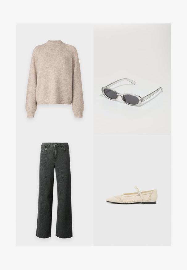 Beige strikket genser med høy hals, ribbede mansjetter og avslappet passform, med en myk tekstur og subtile fargevariasjoner.; Vide ben jeans i mørkegrå denim, med en subtil zebra-mønster tekstur, kontrast søm, og fem lommer med knappestol. ; Beige ballettflats med spiss tå, mesh-design over, og en side spenne stropp. Flat såle med en glatt tekstur.; Solbriller med oval form, klar plastramme, mørkegrå linser og tynne gjennomsiktige armer med logopunksjoner og minimal detaljering.