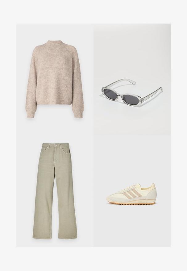 Pullover de malha bege com um decote alto, punhos canelados e um corte descontraído, apresentando uma textura suave e variações subtis na cor.; Jeans de perna larga em caqui, feitos de uma mistura de algodão. Apresenta um fecho de botão, cinco bolsos e um acabamento de tecido limpo e texturizado.; Sapatilha atlética creme com três riscas bege, materiais em camurça e tecido, sola texturizada e logo em relevo no calcanhar.; Óculos de sol com formato oval, armação de plástico transparente, lentes cinza-escuro e hastes finas transparentes com detalhes do logótipo e um design minimalista.