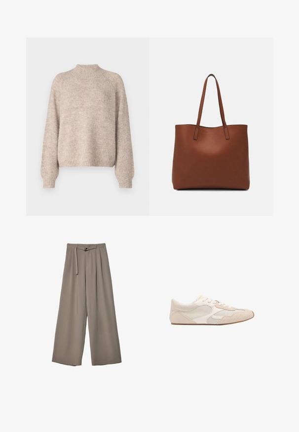 Beige pletený pulovr s výstřihem do stojáčku, žebrovanými manžetami a volným střihem, s měkkou texturou a jemnými barevnými variacemi.; Kalhoty s širokými nohavicemi v měkké, tlumené šedé látce, s páskem v pase a sklady pro přidaný designový detail. Hladká textura, bez vzorů.; Béžová teniska s kombinací síťoviny a semiše, kulatou špičkou, zavazováním na tkaničky a plochou gumovou podrážkou.; Hnědá kožená taška přes rameno s hladkou texturou, otevřeným designem a dvěma ramenními popruhy. Obsahuje minimální švy a žádné viditelné kovové prvky.
