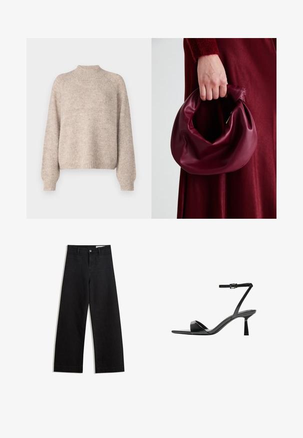 Pulover bej tricotat cu un gât simplu, mansete cu dungi și un croi lejer, având o textură moale și variații subtile de culoare.; Pantaloni din denim negri cu picioare largi, cu talie înaltă, având buzunare frontale și posterioare, cusături dublate și închidere cu nasture. Textură netedă.; Bershka Sandale cu toc - black; Geantă de mână din piele burgundă, cu un design moale și pliat și o formă rotundă. Mânerele sunt securizate, evidențiind o textură netedă.