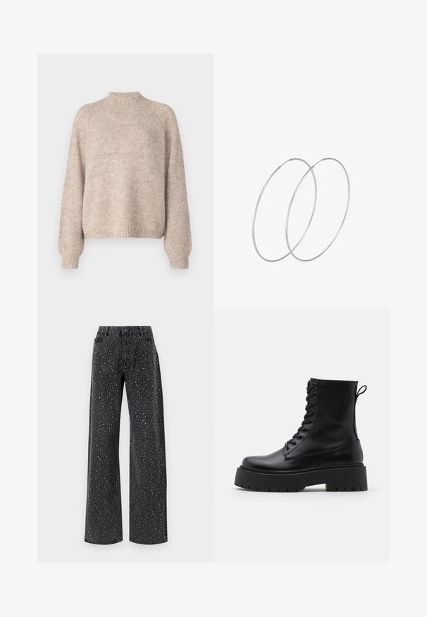 Bež pulover iz pletene tkanine z ovratnikom, rebrastimi manšetami in ohlapnim krojem, ki se ponaša z mehkobo in subtilnimi odtenki barv.; Noisy May NMJANNEL LOOSE - Široke kavbojke - black denim; Črne usnjene gležnjarje z okroglo konico, vezalnim sprednjim delom in debelim gumijastim podplatom z teksturiranim profilom. Zanka na hrbtni strani.; Srebrne uhane v obliki obroča z minimalističnim dizajnom. Krožna oblika, gladka tekstura in tanek profil. Lahki s poliranim zaključkom.