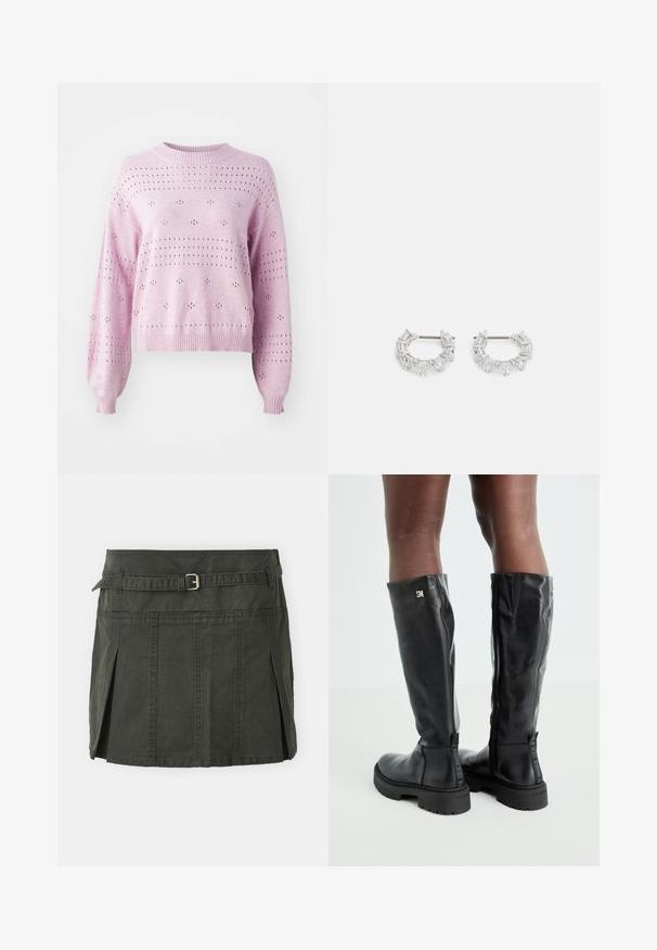 Maglione lavorato a maglia rosa chiaro con maniche a sbuffo, polsini a costine e fori disposti in un motivo a pois su tutta la superficie.; Gonna mini in cotone verde scuro, con vita aderente, una cintura e pieghe frontali. Presenta dettagli di cucitura e un taglio classico.; Stivali in pelle nera al ginocchio con texture liscia, punta arrotondata, suola spessa e chiusura con zip. Presenta un logo argentato sul lato.; Orecchini a cerchio in argento con cristalli trasparenti, rettangolari e triangolari disposti in un design a motivi. presenza di perni per un fissaggio sicuro.