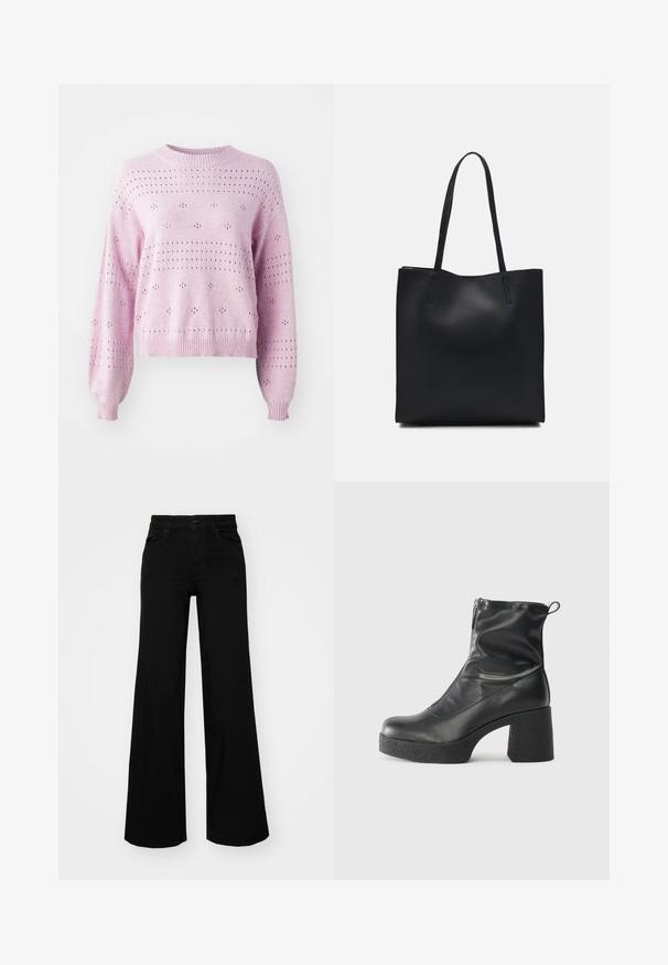 Gaiši rozā adīta krekla ar brīviem piedurknēm, ribotām aprocēm un caurumiem, kas izvietoti punktiņu rakstā visā audumā.; Melni plaša kāju bikses, izgatavotas no džinsa, ar strukturētu jostu, jostu cilpiņām un priekšējām kabatām. Gluda tekstūra ar klasisku dizainu.; Melni potītes zābaki, kas izgatavoti no gludas ādas, ar sānu rāvējslēdzēju, masīvu strukturētu papēdi un noapaļotu purngalu.; Melnas ādas somiņa ar gludu tekstūru, taisnstūra formu un divām garām rokturiem. Nav redzamu aparatūras vai rotājumu.