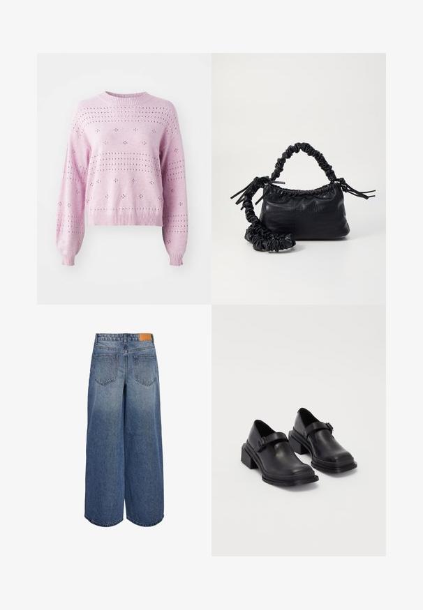 Šviesiai rožinė megzta svičeris su laisvomis rankovėmis, raukšlėtais manžetais ir skylutėmis, kurios išdėstytos taškinio rašto forma visame audinyje.; Plačios džinsinės kulotės vidutinio mėlyno skalbimo su išblukusia tekstūra, turinčios dvi užpakalines kišenes ir rudą odinę prekinę etiketę ant juosmens.; Juodos odinės bateliai su apvaliu priekiu, plokščiu padu ir dirželiu su sagtimi. Didelis blokinis kulnas, užtikrinantis papildomą stabilumą.; Juodas dirbtinės odos rankinė su krokodilo tekstūra, sušnibždinta viršuje ir susikraipytu dirželiu. Atrodo minkšta ir kompaktiška.