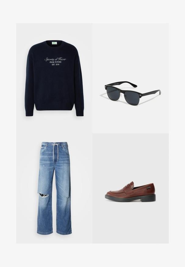 Sweater azul-marinho feito de tecido suave, apresentando um clássico decote redondo e texto bordado: "Sports d'Hiver FROM FUTURE EST. 2018."; Jeans de denim azul claro com um corte largo, apresentando uma cintura com cordão branco e rasgos distintos na parte da frente, mostrando bordas desfiadas.; Sfis de couro castanho com bico arredondado, detalhes cosidos, uma faixa proeminente ao longo do peito do pé e uma sola grossa de borracha preta.; Óculos de sol pretos com forma retangular, lentes escuras, detalhes em prata nas hastes e um acabamento mate na armação.