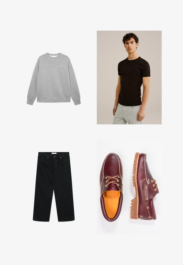 Harmaa huppari, joka on valmistettu pehmeästä puuvillasekoitteesta. Ominaisuuksiin kuuluu klassinen pyöreä kaula-aukko, pitkät hihat, ribbireunat ja pieni logo rinnassa.; Mustat lyhythihaiset t-paidat, joissa on pyöreä pääntie, on valmistettu sileästä ja joustavasta kankaasta. Istuvuus on slim, suunniteltu istumaan tiiviisti vartalon lähellä.; Mustat, leveät farkut denim-kankaasta, joissa on etupainike, vyölenkit ja taskut. Sileä pinta, minimalistinen muotoilu.; Burgundin nahkakengät ruskeilla kumipohjilla, pyöreällä kärjellä, valkoisella ompelulla ja kultaisilla nauha-aukkoilla. Sisäpuolella on keltainen vuori.