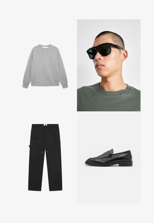 Sivá mikina vyrobená z mäkkého zmesového bavlneného materiálu. Má klasický okrúhly výstrih, dlhé rukávy, rebrované manžety a malé logo na hrudníku.; Čierne bavlnené nohavice majú rovný strih, viditeľné švy, bočné vrecká a kovové cvoky na predných paneloch.; Čierne kožené loaferky s hladkým povrchom, s okrúhlou špičkou a úzkym pásom cez vrch. Nízky vrstvený podpätok.; Čierne obdĺžnikové slnečné okuliare s tmavými sklami, s charakteristickým tvarom a značkou na ramene. Nosí ich osoba v zelenej košeli.