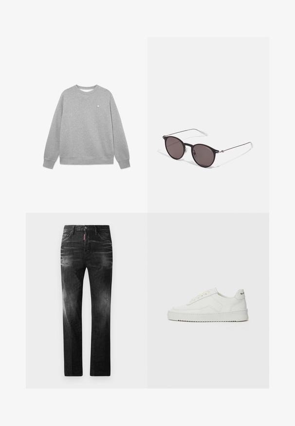 Gray sweatshirt made of soft cotton blend. Features a classic crew neck, long sleeves, ribbed cuffs, and a small logo on the chest.; Black denim jeans with a straight fit. Features faded areas, minor distressing, classic five-pocket design, and a button closure.; White leather sneaker with a smooth finish, round toe, flat laces, and a textured sole. Features a subtle logo on the heel.; Black round sunglasses with dark lenses and slim metal arms. Includes clear temple tips and silver accents at the hinge. Minimalist design.