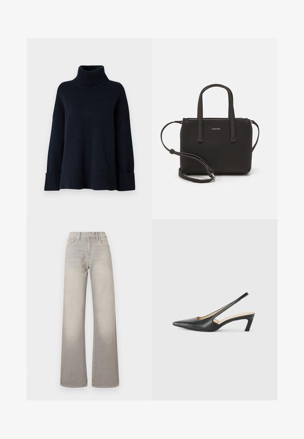 Tume mereva turtleneck sviiter, millel on soonikmustritega tekstuur, lahtine lõige ja laiad mansetid. Omab kõrget kaelust ja ühetasus värvi disaini.; Hallide lai püksid hallis toonis, kahvatu viimistlusega, nööbiga kinnitamine, viie tasku disain ja õmbluste äärtes kaunistus.; Must mustaga, terav varvas, madala kontsaga sildiga king, mis on valmistatud siledast nahast ja mille küljel on lõike disain hingavuse tagamiseks.; Musthave mustrans vöö ja eemaldatav õlarihm. Gludike nahk siledaga, millel on tõmblukk ja logo detail.